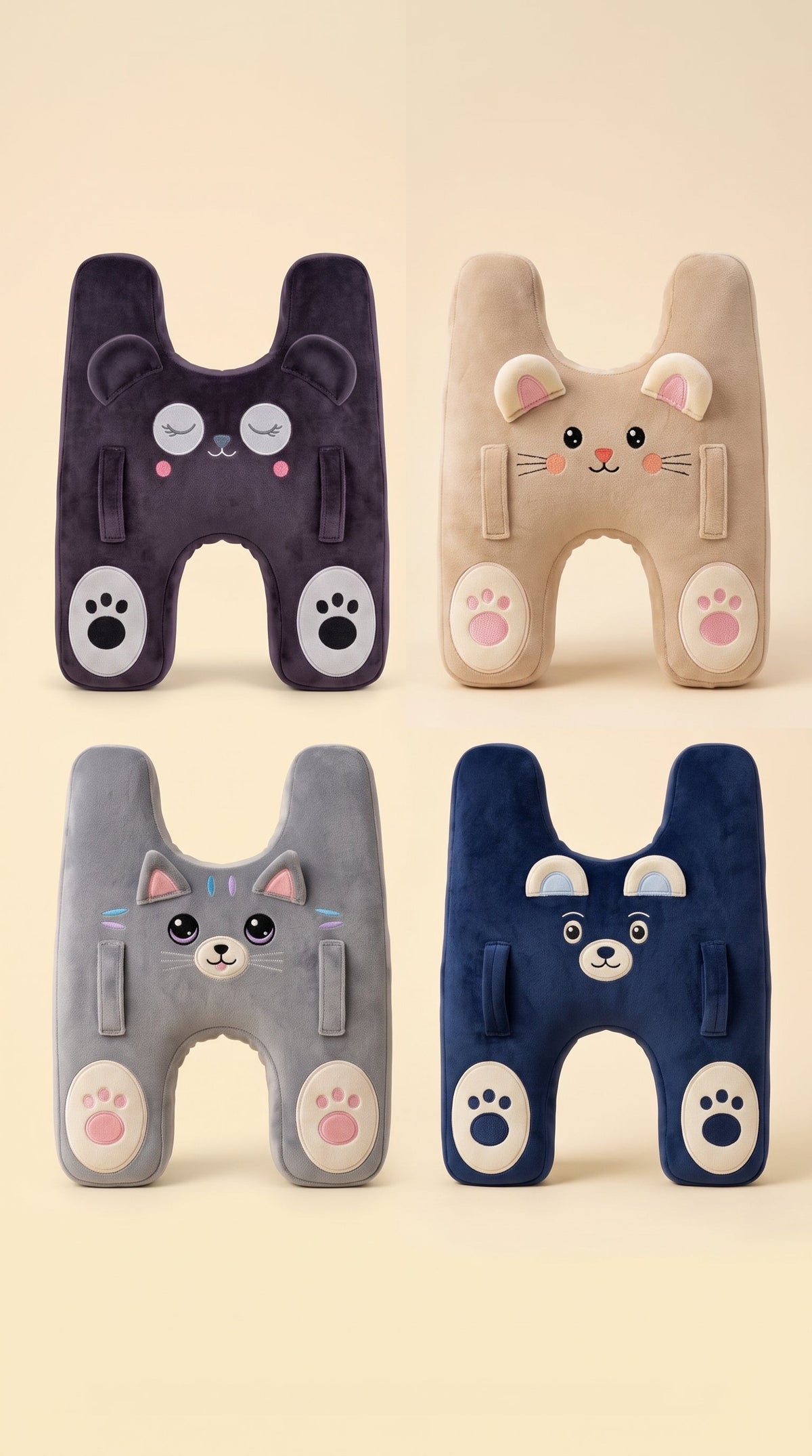 Minik Yolcu dört model: panda, tavşan, kedi ve ayı çocuk araç boyun yastıkları